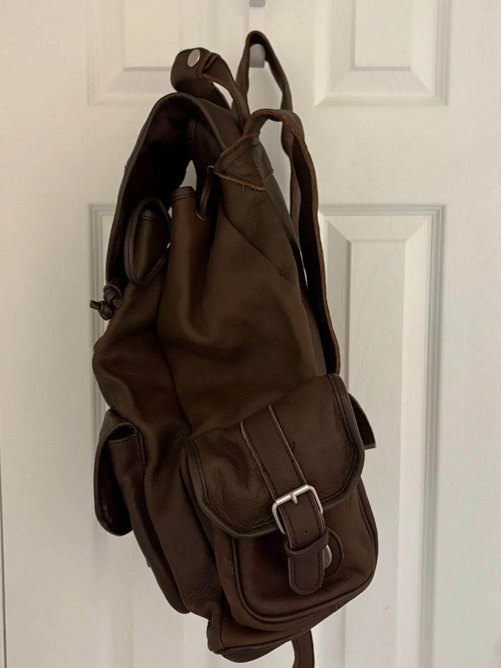 Unisex Dark Brown Leather Backpack with Front and Side Buckle Pocket